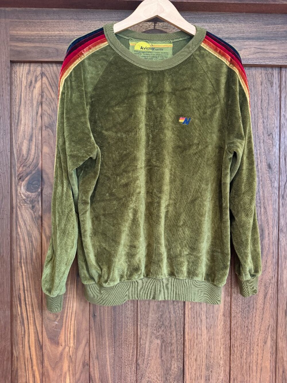 Aviator Nation Olive Green Velour 5-Stripe Crewneck Sweatshirt
